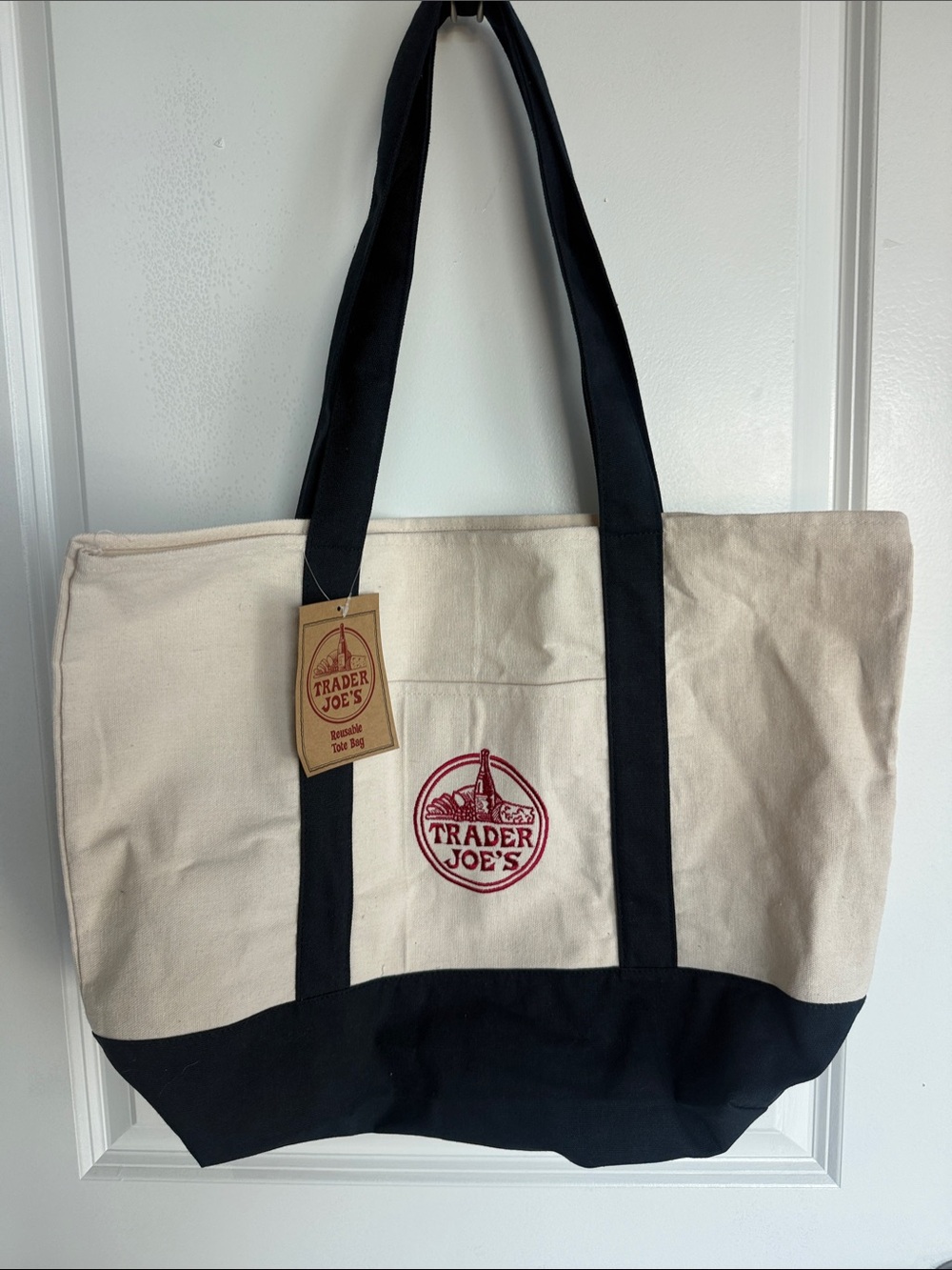 Trader Joe's Cream and Navy Canvas Tote Bag